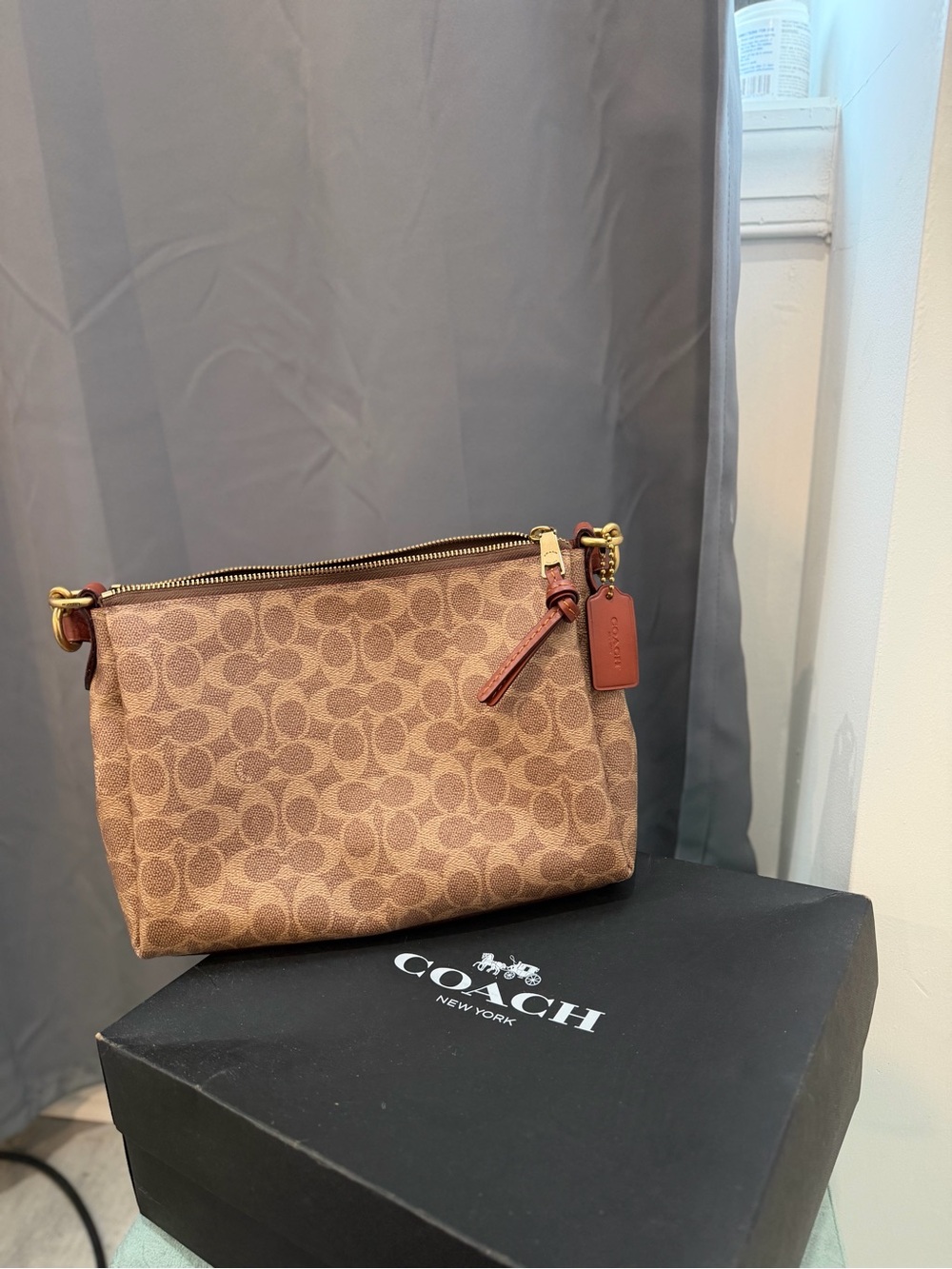 Coach Brown Signature Canvas Crossbody Pouch with Leather Trim